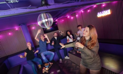 Zangeres met microfoon in de karaokeruimte van Melody Vault Utrecht