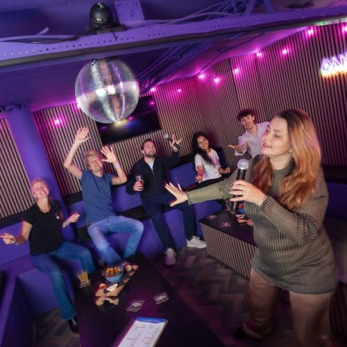 Zangeres met microfoon in de karaokeruimte van Melody Vault Utrecht