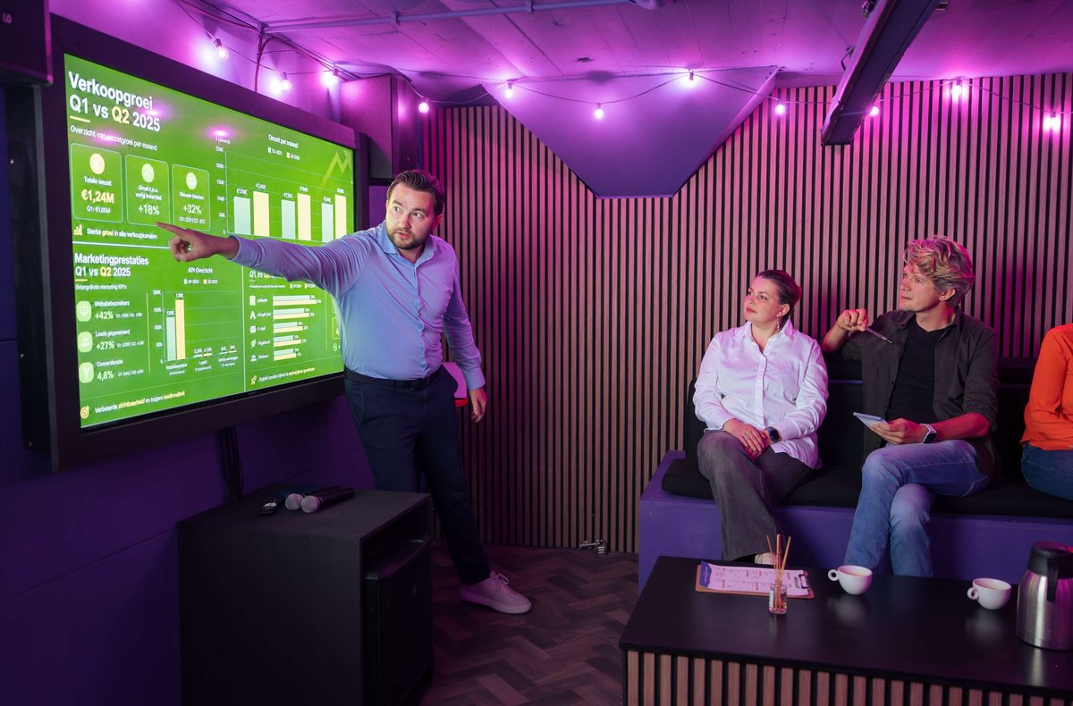 Team vergadert in Melody Vault voordat de activiteiten beginnen
